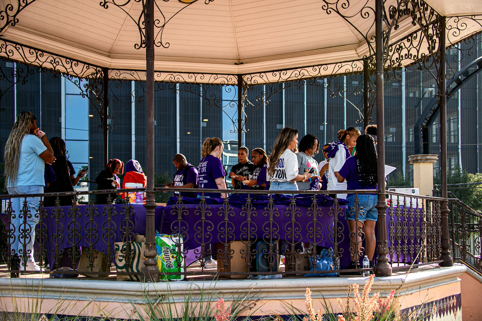 The tailgate setup under the park bandstand, purple tables laid out before the group arrived
